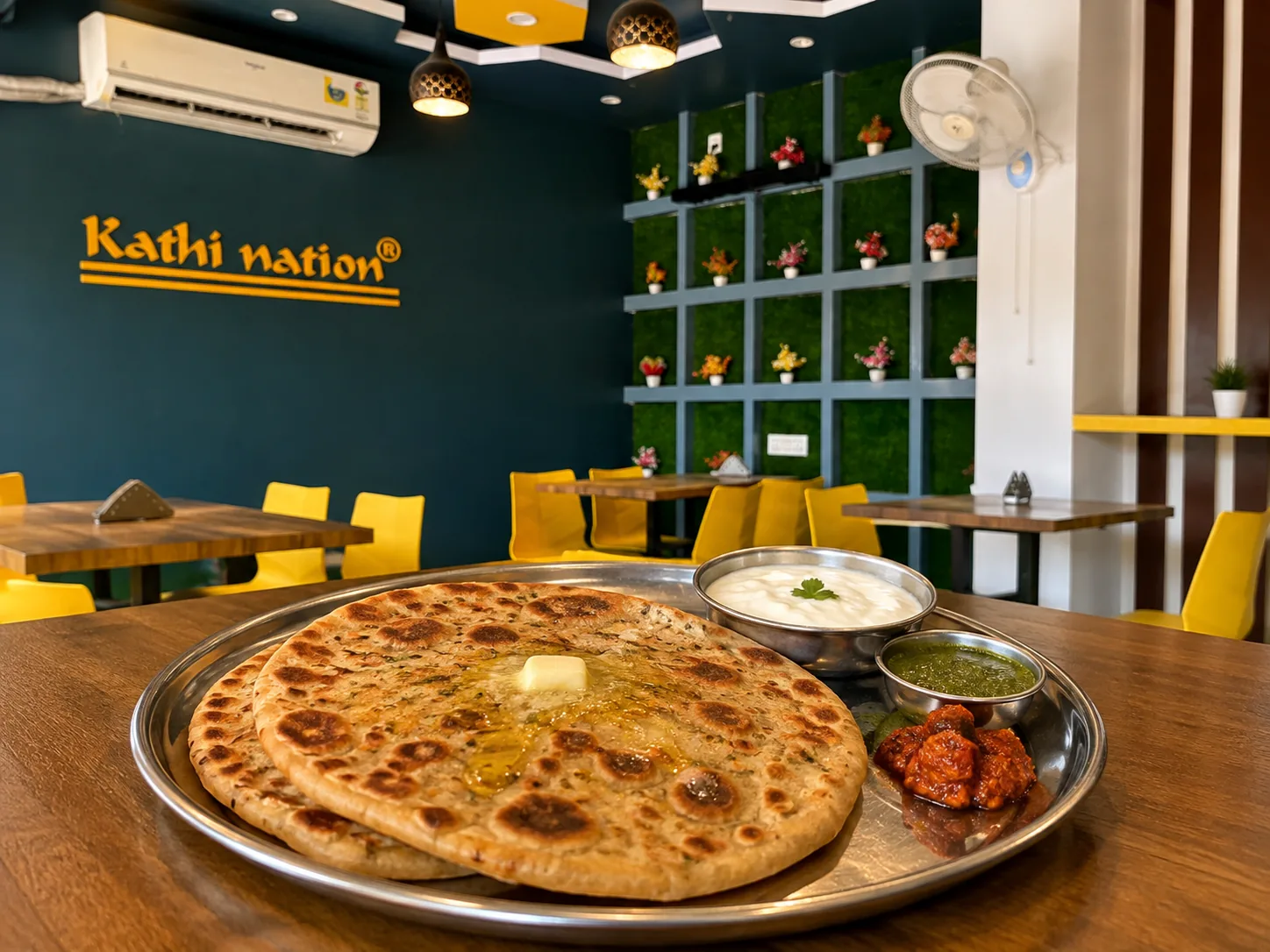 Aloo paratha with pickle and curd